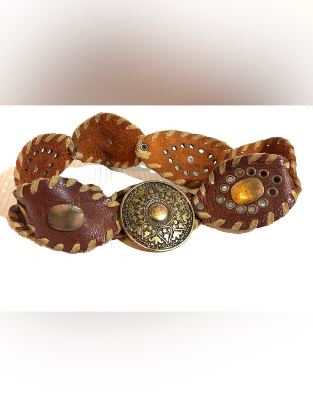 Women's Brown Leather Belt with Ornate Brass Medallion
